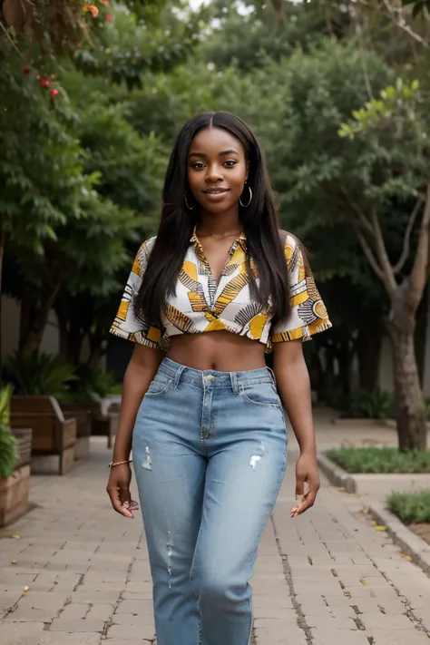 Create an image of a 23-year-old African woman, exuding happiness, dressed in a beautiful modern clothes, she should be very thick and realistic . She should be posing with the confidence and grace of a fashionista. The scene should be simple and capture a...