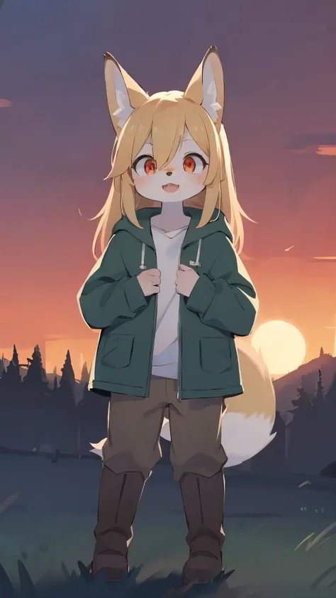 Fox Shota, , Thin legs,It was hairy, Hairy, Fur, smooth eyelashes, Golden fur, Forelimb Hand, long blonde hair straight, Round eyes, Golden ears, Golden fur, golden face fur, Shiny Hair, Red eyes, Very cute face, 1 fox tail, Fluffy tail, Hairy尻尾, Glowing E...