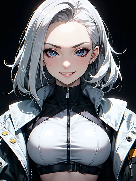 ((Portrait Photo)), She has a Mischievous and Youthful Appearance, with a Slender Build, Pale Skin and a Huge Breasts. She Expresses a Cheerful and Energetic Look, Giving Off a Smug and Lively Attitude. She has Light Gray Eyes, and Her Hair is Long, Silver...