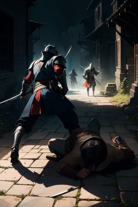 "An epic battle between a knight of 1,80m using a katana, set in a dark and medieval setting. The lighting is dramatic, with deep shadows and diffused lights, highlighting the tension and grandeur of the confrontation."

