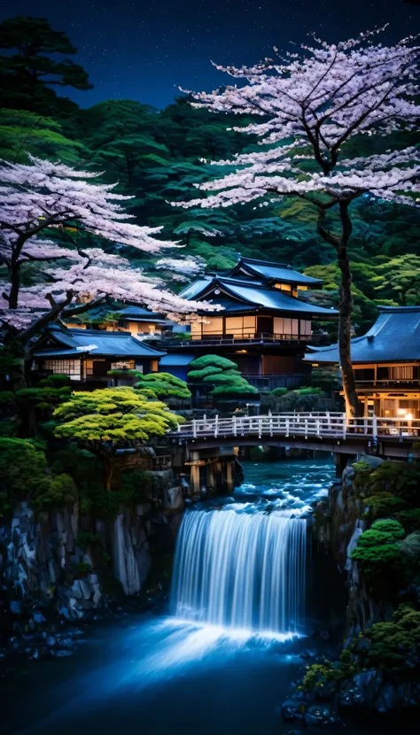 Small Japan traditional house, Blooming Sakura Trees, nature, Ultra realistic , night time , Sakura Tree Blooming Forest  , big clear water river, waterfall in a distance,ultra high resolution, intricate details, highly detailed, ultra high definition,