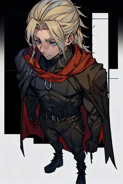 A tall man, defined body, medium blond hair combed back, blue eyes, wearing an all-black outfit, except for some red outlines and details, with a cape on the back, with the inside being red and the outside being black, homelander, homelanders clothes, full...