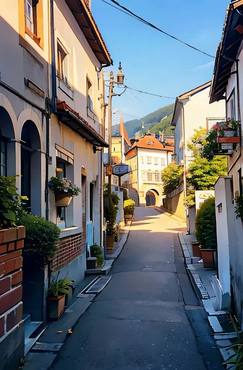 Austrian cityscape、18th century、Old Townscape、colorful、flower、quiet、Bright light、morning、Sunlight、Brick、vivid、　