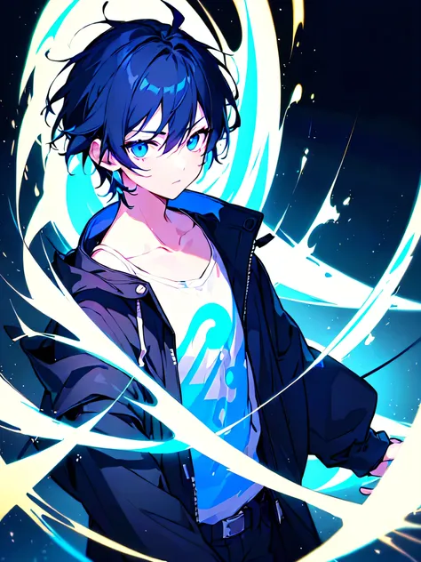 [(BLACK BACKGROUND:1.5),::5], ((((masterpiece)))), high quality, ultra very high resolution, full color, (((solo))), (((little boy))), BLACK hair, (Blue streaked hair), (oriental deepblue eyes), anime, ((upper body)), Summer clothes, neon light, black park...