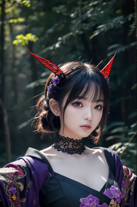 8K,Women in traditional Japanese costumes fighting,(Dark Shot:1.4), 80mm, (Dark Shot:1.4), 80mm, A magnificent reality, Big eyes,Black short bob hair,Black and purple butterfly hair ornament,Black kimono and red obi,Black and purple butterfly pattern(Intri...