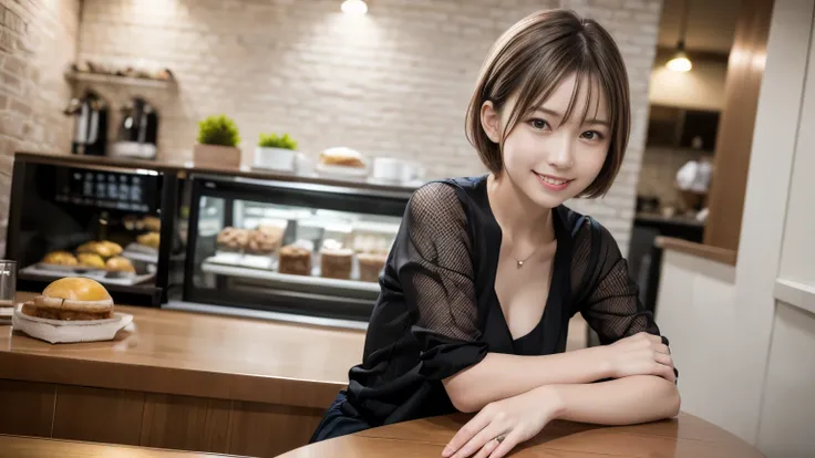 super high quality, Slenderのネックレス, Slender, Gravure photoshoot, The staff is working at the counter in the back., (8K、RAW Photos、Highest quality、masterpiece:1.2), Japanese Idol, Stylish café, The cafe is crowded with people enjoying themselves., (Realistic...