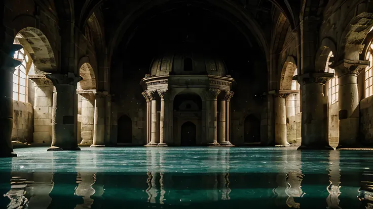 A colossal underground cistern, immensely larger, very big and colossal, a lot of water. The room with water is very very big and water is very clear .Amid clear, transparent waters. The vast chamber is supported by towering, ancient stone columns that ris...