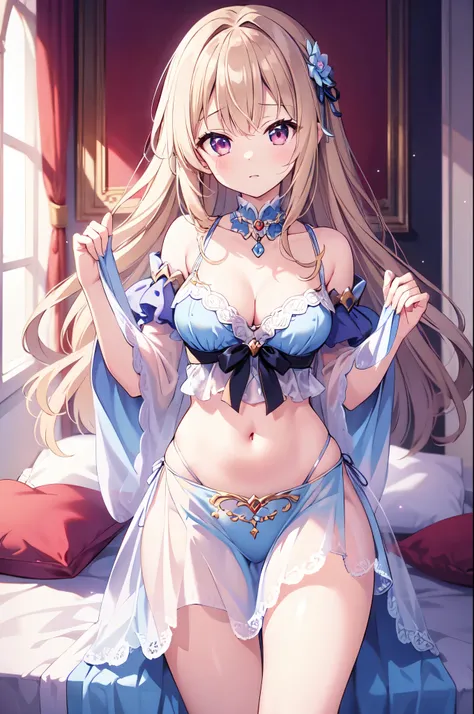 (masterpiece)、(Highest quality)、(Super Detail)、(Best Anatomy)、Light Hair,Princess of Color , See-through dress, Small breasts, Cleavage, Off the shoulder, Underbust, Thighs, Belly button,　On the bed