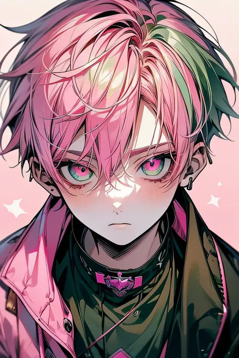 (masutepiece), (Best Quality), 17yo, standart detailed, 1 boy, Solo Focus, half body look, magic echo green, Perfect face, Beautiful face, extra detailed face，(green and pink  hair:1.3)，(pink eye:1.3), cool boy, handsome