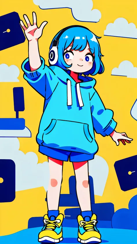 Mash Hair　Short Hair　Blue hair　Wearing a blue hoodie　　Im wearing headphones　1 male　smile　Yellow irises　Narrow eyes　cheeks are white　The whole body is shown　Looking into the distance　Waving one hand up　The whole body is on camera