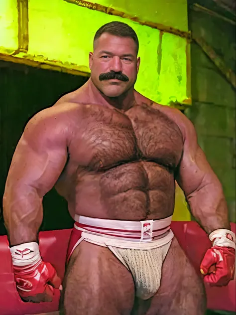 60 years old chubby muscle man, master piece、well built、muscular muscle human、male people、age 60、daddys、wearing a white jockstrap、wearing red boxing gloves, Hot sexy man, mustache 、chubby muscular, macho、short-haired、Fade Cut、NSFW、Large body、Real texture、i...