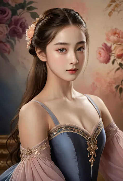 (highres,masterpiece:1.2),(realistic:1.37)"(best quality, highres, ultra-detailed, realistic),beautiful 19th-century portrait of a 16-year-old French ballet dancer, (She is half French and half Japanese, and is a stunning beauty with detailed eyes and a hi...