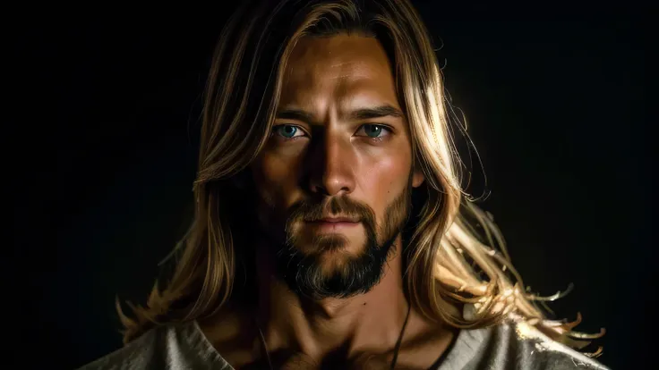 a blond-haired man with a jesus-like appearance, long hair, beard, holy aura, serene expression, religious figure, dramatic ligh...