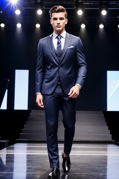 Image Of Young successful man In suit on modeling stage stage 