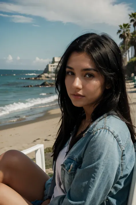 A woman in her twenties, black hair. Qui se situe en bord de mer en californie