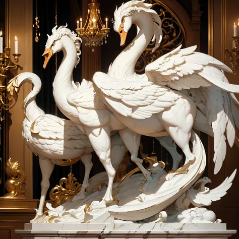 side view of a dramatic renaissance style white marble statue of a swan wearing golden ornaments