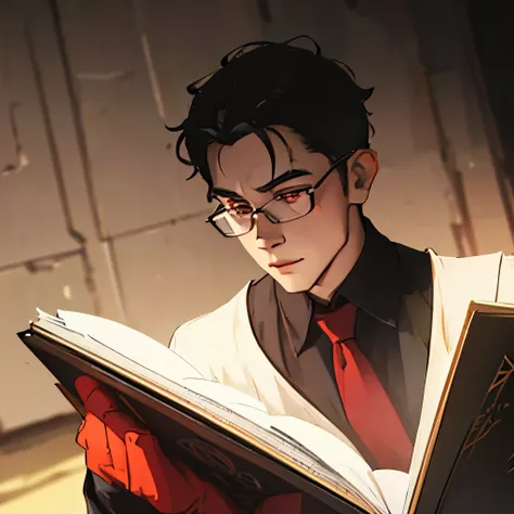 a young man wearing black reading glasses, chloro lucifer from hunter hunter, looking to the side at 60% angle, black hair, (red eyes), (Korean men), handsome, medium shot, cinematic lighting, dramatic atmosphere, highly detailed, photorealistic, 8k, award...