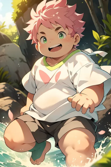 fat boy，cute，short pink hair，fluorescent green eyes，white t-shirt and black shorts，playing in the wild，happy，full body picture，w...