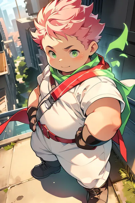 a cute chubby boy with pink short hair,glowing green eyes,wearing a white bodysuit and red cape,standing on top of a tall building,looking down from above,wearing black leather boots,proud expression
