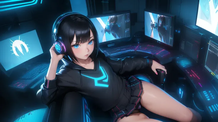 (ultra realistic, girl, short black hair, headphones, sitting, slumped in an armchair, in a futuristic cabin, surrounded by monitors, and olographic screens , view from above, blue lights, flat chest, pre-adolescent. She looks with disgust, mini-skirt, vis...