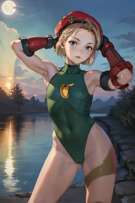 master part, best quality, highres , sarah Miller ,12 years old , 1girl, (Cammy branco ) ,  blonde hair , red beret, (Red Head Outfit:1.3), blue eyes, scar on cheek, green leotard, flat chest , sleeveless, red gloves, gloves  , Standing, , moon background