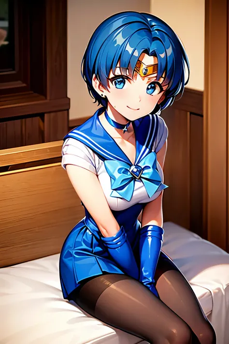 Highest quality, (masterpiece:1.2), Very detailed,
One girl, alone,
View your viewers, smile, Medium chest,
Water Eye, Blue Hair, short hair、((pantyhose))、Bedroom、((Sailor Mercury))、((Long gloves))、leotard、mini skirt、boots、(Sitting with legs crossed)