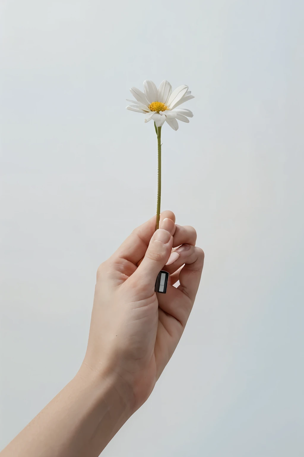 pretty hand holding a flower in her hand against a blue sky, nail is blue, show only few finger appear in the photo, holding a flower, holding daisy, picking up a flower, depicting a flower, minimalistic composition, flowers grow from the body, flower in c...