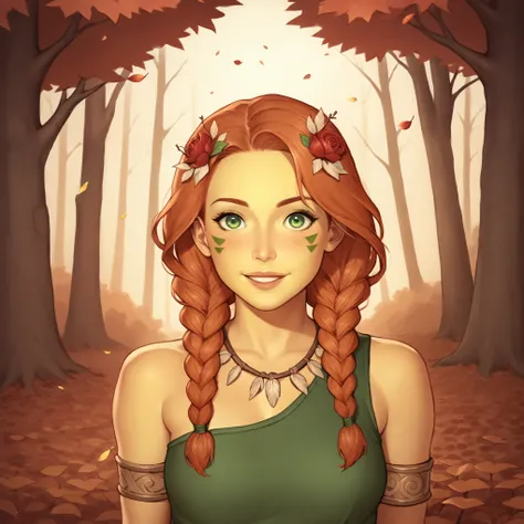 (((beautiful, high quality, perfect eyes, comics style, semi-realistic, detailed face))), bust shoot, score_9, score_8_up, score_7_up, | solo, 1 woman, skinny, 19 years old, ((pale yellow skin)), high cheekbones, perfect round mint green eyes, (wood nymph)...