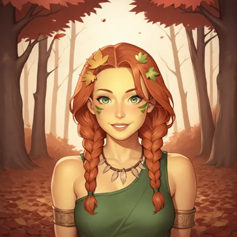 (((beautiful, high quality, perfect eyes, comics style, semi-realistic, detailed face))), bust shoot, score_9, score_8_up, score_7_up, | solo, 1 woman, skinny, 19 years old, ((pale yellow skin)), high cheekbones, perfect round mint green eyes, (wood nymph)...