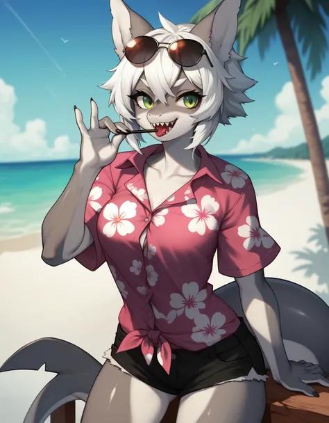 Score_9, score_8, score_7, kemono style, a cute gray anthro shark girl, animal ears,  sharp teeth, grinning, cocky smile, green eyes, short white hair, Grey body, wearing purple Hawaiian shirt, cut off jean short shorts, aviator sunglasses, adjusting her s...