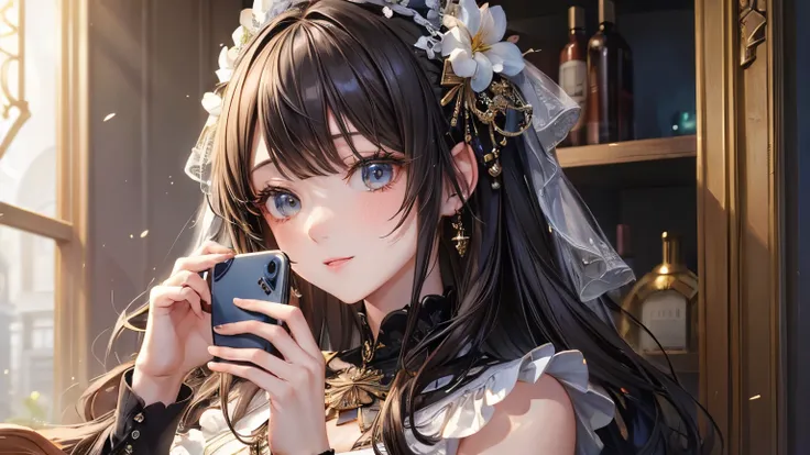 (masterpiece, Highest quality:1.3), (Super detailed:1.2),Girl with a smartphone,Detailed hands