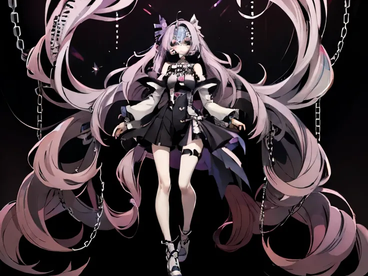 full body, solo, 1girl, Long curly hair is shades of pastel blue, pink, and lavender, sparkling purple eyes, pale skin with a faint, Ghost fashion style with chains spooky ghost-themed