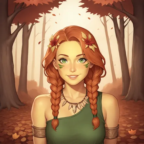 (((beautiful, high quality, perfect eyes, comics style, semi-realistic, detailed face))), bust shoot, score_9, score_8_up, score_7_up, | solo, 1 woman, skinny, 19 years old, ((pale yellow skin)), high cheekbones, perfect round mint green eyes, (wood nymph)...