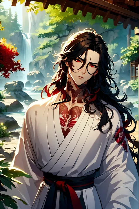 illustration, mo dao zu shi, solo, 1 man, lonely, black and red wavy long hair, red beautiful eyes, realistic cheeks, muscular body, wearing hanfu, Chinese male hanfu, folk costume, tattooed neck, detailed snake neck tattoo, by Kentaro Miura drawn manga, w...