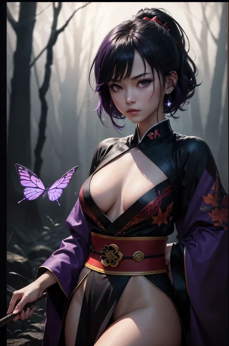 8K,Women in traditional Japanese kimonos fighting,(Dark Shot:1.4), 80mm, (Dark Shot:1.4), 80mm, A magnificent reality, Big eyes,Black short bob hair,Black and purple butterfly hair ornament,Black kimono and red obi,黒と紫のButterfly embroidery(精密なButterfly emb...