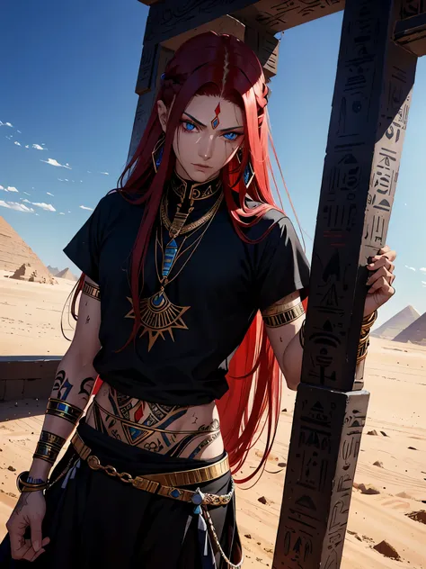 Egyptian deity Seth. long red hair, black colored clothes. silver jewelry. light skin. Desert. Tattoos, Egyptian. blue eyes. Rotes Make Up. tao. erotic. Sweat.