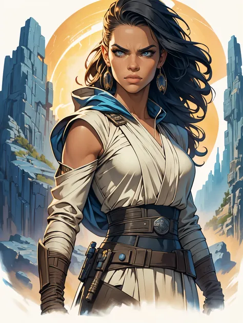 a female jedi based on jenna ortega, star wars, highly detailed cinematic fantasy portrait, black outlining, full color illustra...