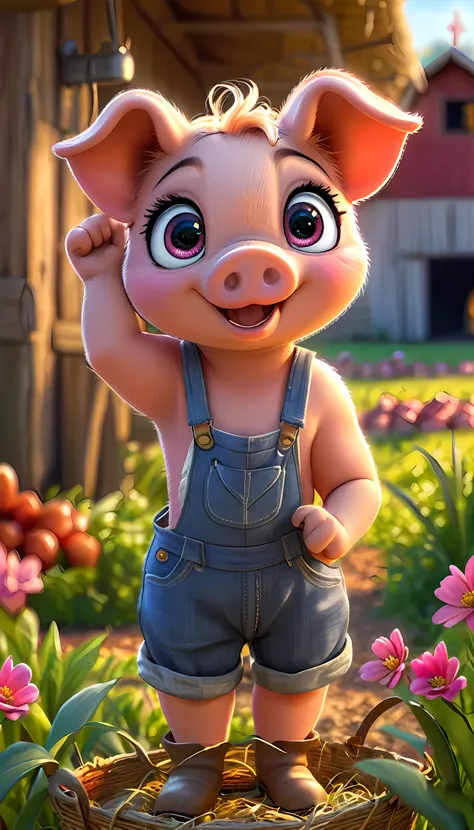 cute tiny piggy, cartoon , arms, hands ,cute eyes, looking at viewer, arms up, farm clothes, piggy ears