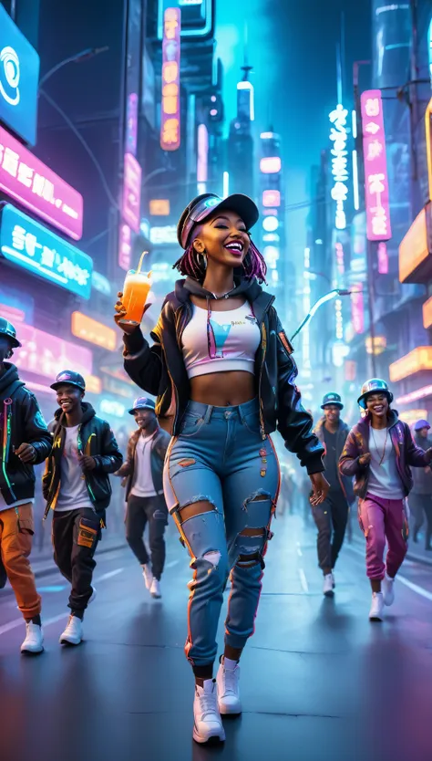 BLACK people dressed in urban clothes, 1 hood, Futuristic hat with visor, In a high-tech cityscape with neon lights and holographic signs、HAPPY DANCING on the road. are drinking and laughing, The background is modern and cyberpunk, high tech vibe. Lovely D...