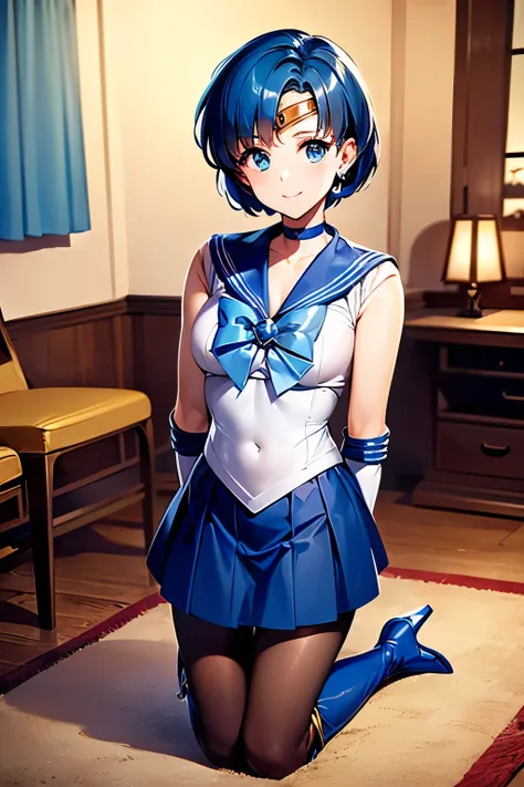 Highest quality, (masterpiece:1.2), Very detailed, 
One girl, alone,
View your viewers, smile, Medium chest, 
Water Eye, Blue Hair, short hair、Permed hair、((pantyhose))、Bedroom、((Sailor Mercury))、((Long gloveini skirt)、((Knee-high boots))、(Kneeling)