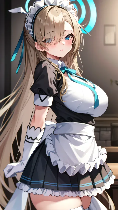 (highres), (absurdres), (best quality), (high quality), (masterpiece), 1girl, asuna, blue eyes, long hair, halo, hair over one eye, very long hair, light brown hair, (large breasts), hair ribbon, maid, maid headdress, apron, frills, frilled apron, puffy sl...