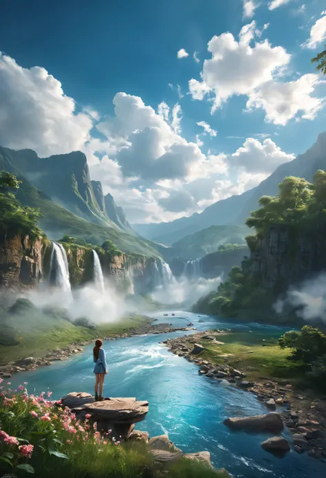 masterpiece, the highest quality, high quality, Very detailedな CG unity 8k wallpaper, landscape, Outdoor, null, cloud, null, a Lonely beautiful Girl, Mountain, landscape, water, wood, blue null, waterfall, cliff, nature, lake, river , cloudy skies, Award-w...