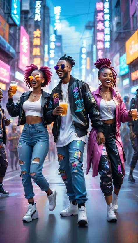 adult BLACK people dressed in urban clothes, In an urban landscape and holographic signs、HAPPY DANCING on the road. are drinking and laughing, The background is modern and cyberpunk, high tech vibe. Lovely Digital Painting, 3D rendering, Bright lighting, s...