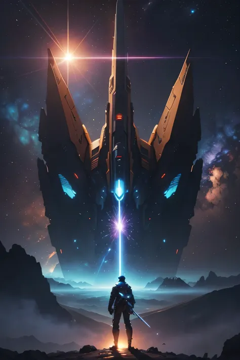 there is a man standing on a hill with a sword in his hand, spaceship in a nebula, a spaceship through the nebula, inspired by Chris Foss, space quantum death. deep space, lens flare. occult photorealism, spaceship exploding, an epic space ship scene, alie...