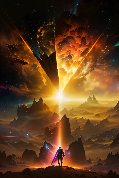 there is a man standing on a hill with a sword in his hand, spaceship in a nebula, a spaceship through the nebula, inspired by Chris Foss, space quantum death. deep space, lens flare. occult photorealism, spaceship exploding, an epic space ship scene, alie...