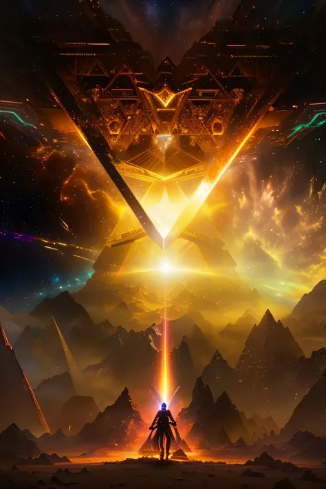 there is a man standing in front of a pyramid with a sword, ancient megastructure pyramid, pyramid portal, pyramid background, ancient alien portal, portal to outer space, alien space ship flying in space, lens flare. occult photorealism, otherworldly visu...