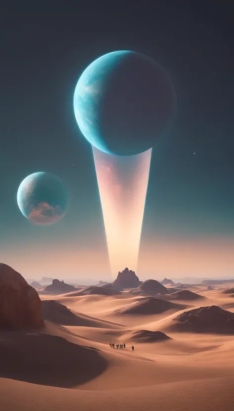 a group of planets floating in the sky over a desert, digital art by Beeple, art station, space art, Beeple!!, Beeple masterpiece, Beeple artwork, Beeple art, Beeple colors, artgem and Beeple masterpiece, Greg Beeple, in style of Beeple, Beeple |