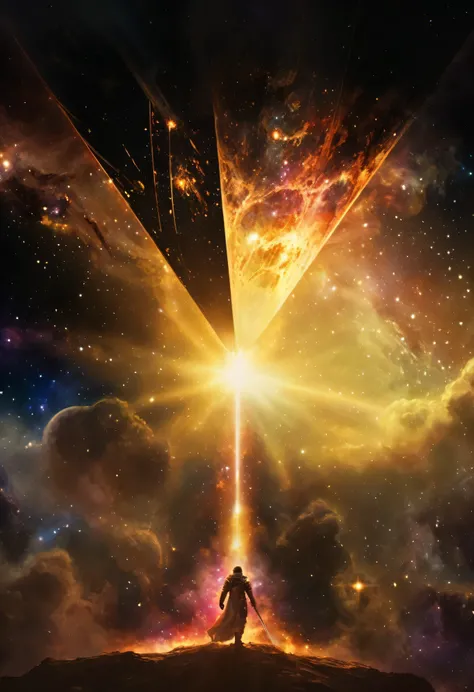 there is a man standing on a hill with a sword in his hand, spaceship in a nebula, a spaceship through the nebula, inspired by Chris Foss, space quantum death. deep space, lens flare. occult photorealism, spaceship exploding, an epic space ship scene, alie...