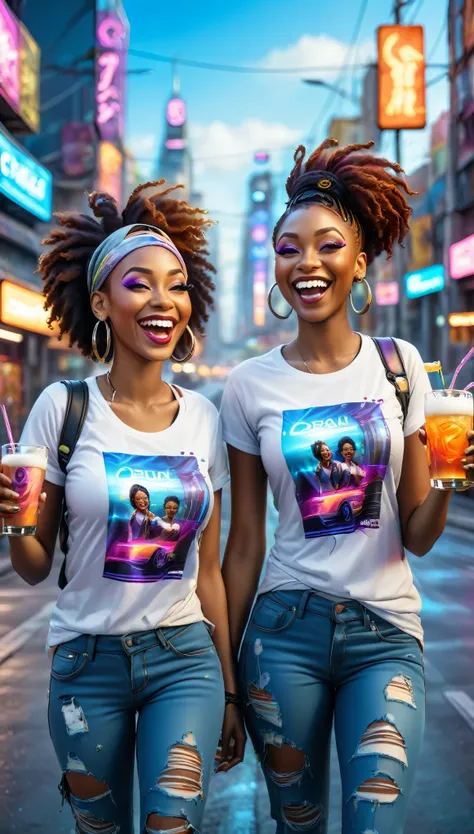 adult BLACK women dressed in urban clothing t-shirts, In an urban landscape and holographic signs, HAPPY on the road. are drinking and laughing, The background is modern and cyberpunk, high tech vibe. Lovely Digital Painting, 3D rendering, Bright lighting,...