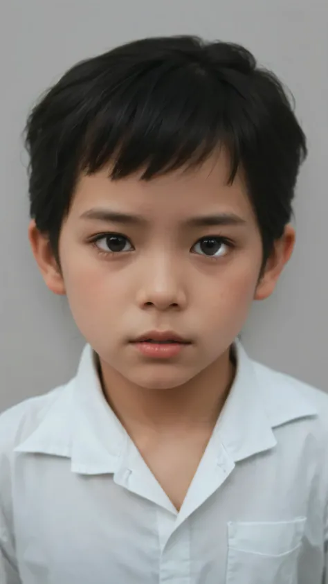 Make this photo look realistic and detailed, there is a young boy with a white shirt, 5 years old man, detailed face of a asian boy, boy with neutral face, south east asian with round face, realistically rendered face, close up potrait, realistic portrait ...